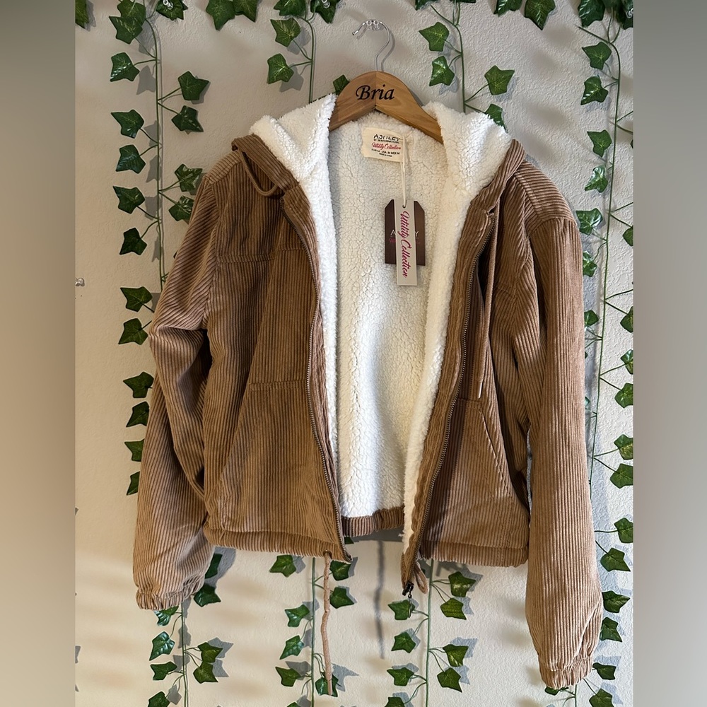 Tan Corduroy jacket with teddy bear material inside, size medium